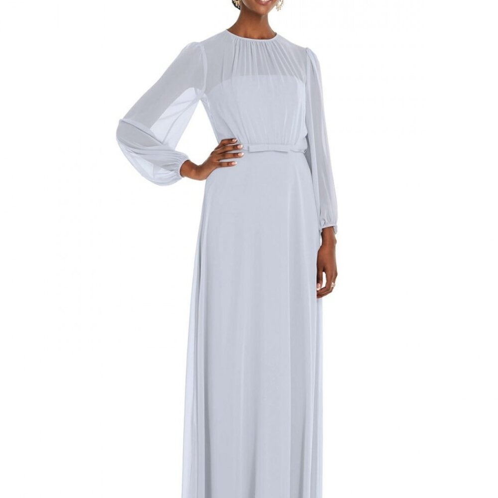 Dessy Collection 3098 Sheer Long Sleeve Bridesmaid Dress – Size 16R, Silver Dove